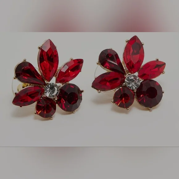 Aldo Red Crystal Flower Stud Earrings Comes W Accessory Pouch - Picture 2 of 6